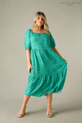 Live Unlimited Curve Petite Green Paisley Puff Sleeve Maxi Dress (E12375) | £79
