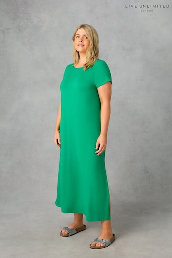 Live Unlimited Green Curve Jersey Side Split Midaxi T-Shirt Dress (E12377) | £55