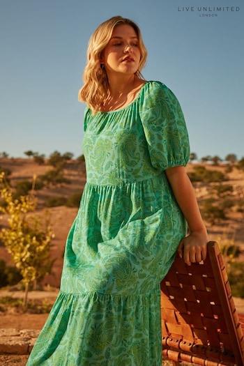 Live Unlimited Curve Green Paisley Puff Sleeve Maxi Dress (E12381) | £79