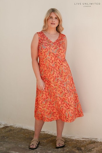 Live Unlimited Curve Orange Multi Floral Sleeveless Midi Dress (E12382) | £75