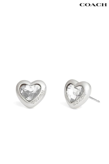 COACH record Silver Tone Stone Heart Stud Earrings (E12401) | £55