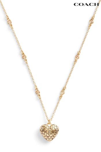 COACH Large Gold Tone Signature Quilted Heart Pendant Necklace (E12413) | £95