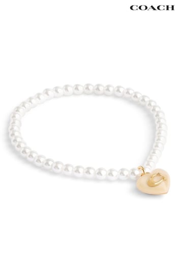 COACH Gold Tone Signature Heart Charm Pearl Bracelet (E12415) | £75