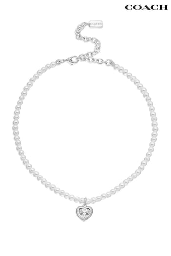 COACH Silver Tone Stone Heart Pearl Choker Necklace (E12418) | £95