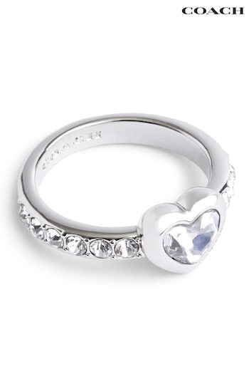 COACH Silver Tone Stone Heart Cocktail Ring (E12419) | £75