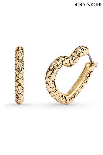 COACH g4930 Gold Tone Signature Quilted Heart Hoop Earrings (E12422) | £95