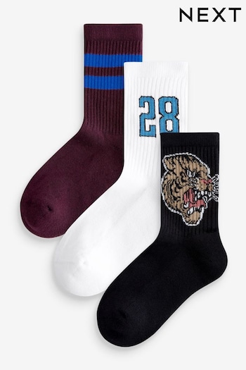 Varsity Tiger Cushioned Footbed Cotton Rich Ribbed Socks 3 Pack (E13094) | £6 - £9