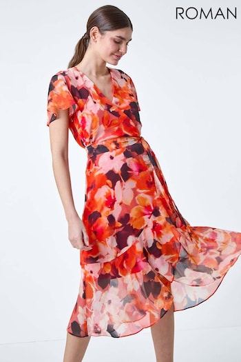 Roman Orange Floral Print Chiffon Wrap Dress (E13134) | £55