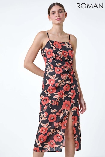 Roman Black Floral Linen Look Ruched Midi Dress (E13137) | £55