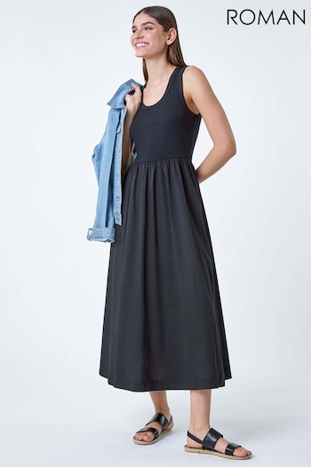 Roman Black Cotton Stretch Jersey Mix Midi Dress (E13140) | £40