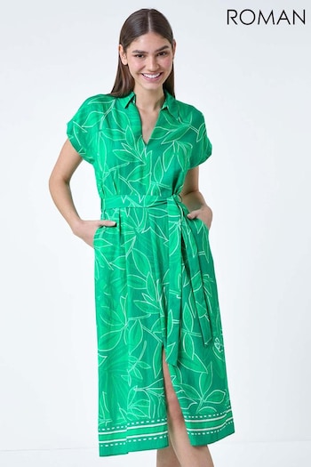 Roman Green Border Leaf Print Midi Dress (E13141) | £42