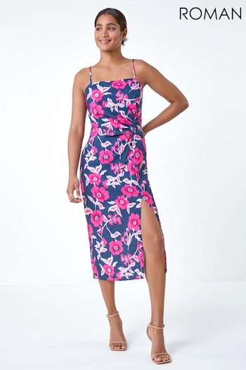 Roman Pink Floral Linen Look Ruched Midi Dress (E13142) | £55