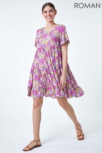 Roman Pink Abstract Print Tiered Smock Dress (E13148) | £42