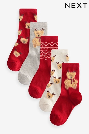 Red/Cream Bear Cotton Rich Christmas Socks 5 Pack (E13164) | £7 - £9