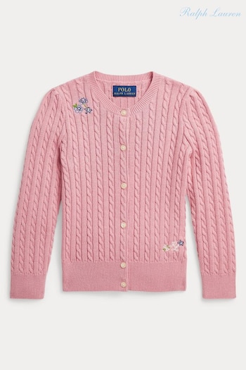 Polo Ralph Lauren Girl Pink Floral Detail Cable Knit Cardigan (E13245) | £115