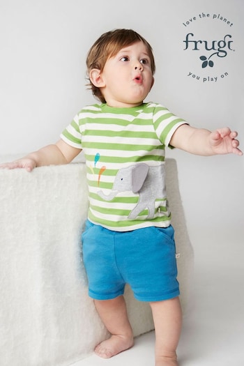 Frugi Green Elephant Outfit Striped Top and Men Shorts Set (E13272) | £32