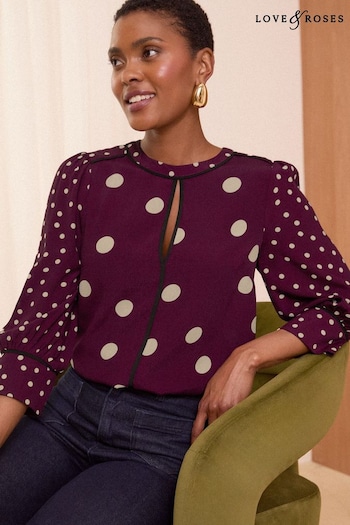 Love & Roses Red Polka Dot Animal Tipped Crew Neck Long Sleeve Blouse (E13288) | £36