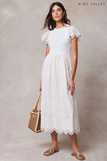 Mint Velvet White Jersey Broderie Midi BERMUDA Dress (E13352) | £119