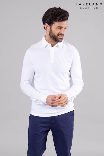 Lakeland Clothing Clive Cotton Blend Long Sleeve White Fanwear Polo Shirt (E13449) | £41