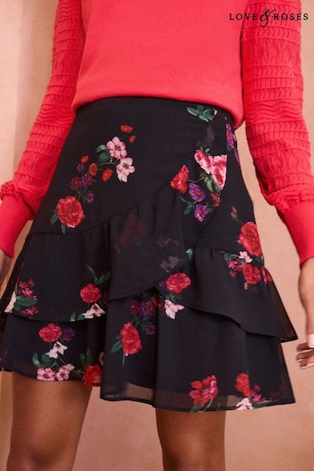 Love & Roses Black Printed Floral Tiered Ruffle Mini Skirt (E13547) | £36