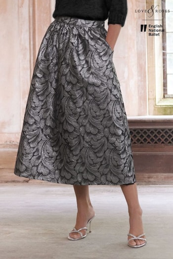 Love & Roses Silver Feather Jacquard Midi Skirt (E13556) | £59