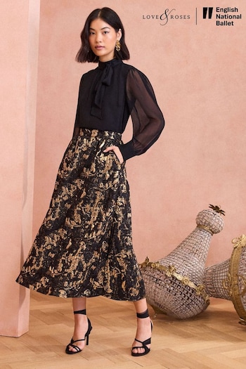 Love & Roses Gold Feather Jacquard Midi Skirt (E13576) | £59