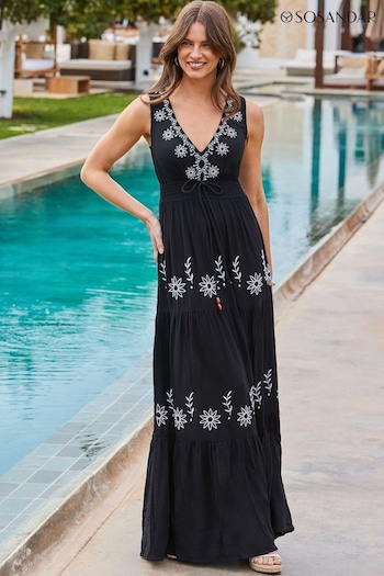 Sosandar Black Embroidered Detail Tiered Hem Maxi Dress (E13610) | £85