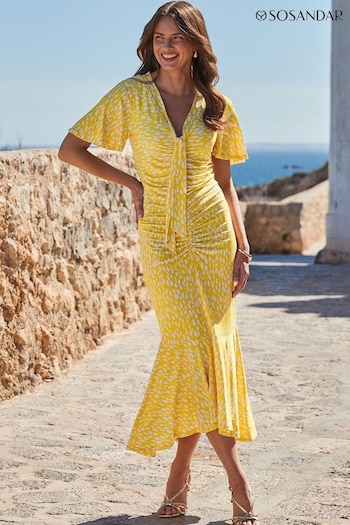 Sosandar Yellow Spot Print Ruchded Front Frill Hem Jersey Midaxi Dress alta (E13630) | £75