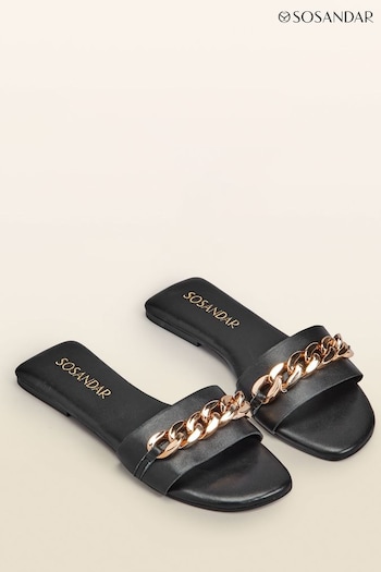 Sosandar Black Paradiso Chain Detail Flat Leather Mules Sandals (E14055) | £45