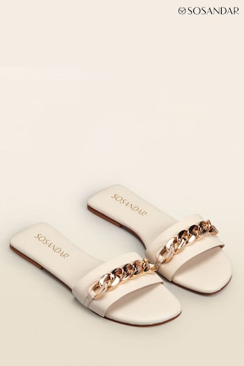 Sosandar Cream Paradiso Chain Detail Flat Leather Mules love Sandals (E14056) | £45