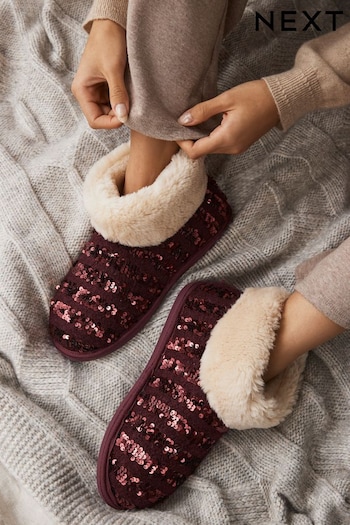 Burgundy Red Sequin Faux Fur Lined Boot Slippers (E14092) | £24