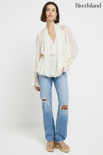 River Island Cream Lace Mix Pussy Bow Blouse (E14167) | £45
