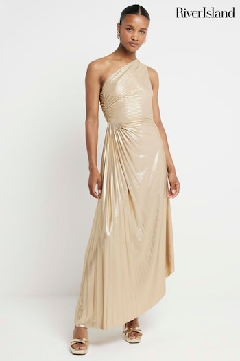River Island Gold Asym Pleat Slit Midi Dress (E14191) | £50