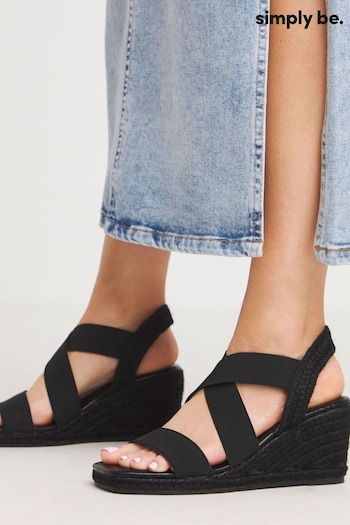 Simply Be Elastic Crossover Espadrille Wedge Black Sandals In Extra Wide Fit (E14279) | £38