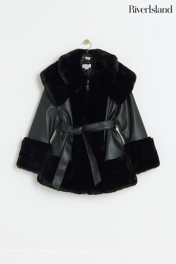 River Island Black Girls Faux Fur Leather Wrap Coat (E14443) | £45