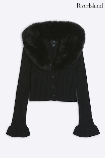 River Island Black Girls Shawl Faux Fur Collar Cardigan (E14450) | £22