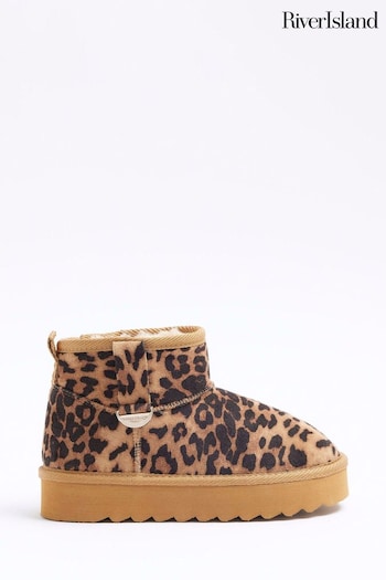 River Island Brown Girls Suedette Leopard Fur Boots (E14465) | £26