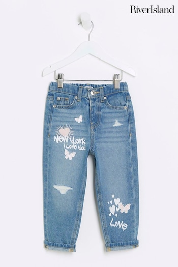 River Island Blue Girls New York Graffiti Mom jeans Drawstring (E14563) | £22