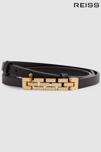 Reiss Black Hallie Thin Leather Chain Detail Belt (E14750) | £58