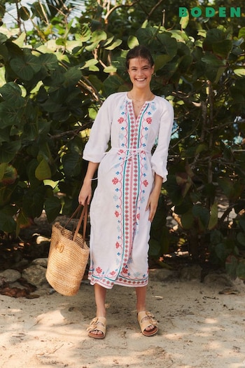 Boden White Embroidered Belted Linen Dress (E14817) | £210