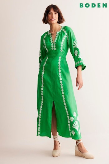 Boden Green Una Linen Embroidered Dress (E14819) | £210