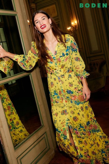 Boden Yellow Occasion Maxi silk Shirt Dress (E14821) | £175