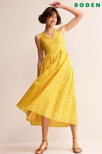 Boden Yellow Broderie Occasion Midi Dress (E14836) | £165