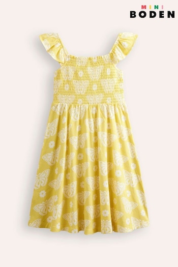 Boden Yellow Butterfly Shirred Jersey Dress Azize (E15079) | £25 - £29