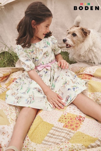 Boden Cream Cotton Linen Puppies Vintage Dress (E15080) | £37 - £42