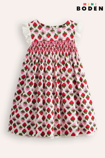 Boden Pink Strawberry Smocked Lace Trim Dress (E15117) | £34 - £39