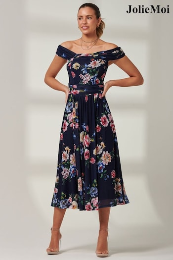 Jolie Moi Blue Floral Bardot Mesh Midi Dress (E15386) | £55