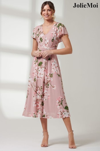 Jolie Moi Pink Angel Sleeve V-Neck Midi Dress (E15387) | £60