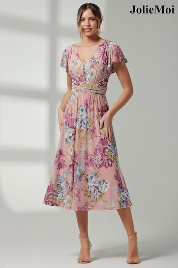 Jolie Moi Pink Angel Sleeve V-Neck Midi Dress (E15393) | £60