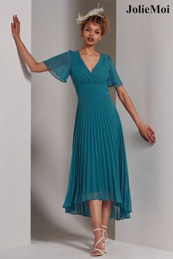 Jolie Moi Teal Blue Elene Pleated High Low Chiffon Maxi Dress (E15396) | £75